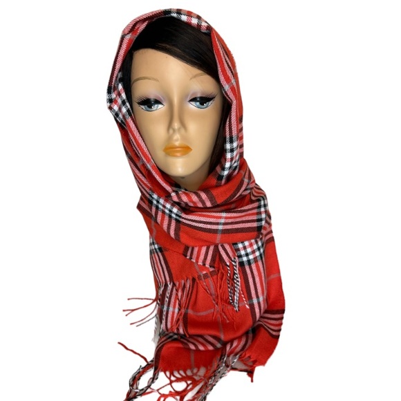 Tartan Plaid Scarf with fringe oblong 100% acrylic.Red white black 70 X 13 new - Picture 13 of 14
